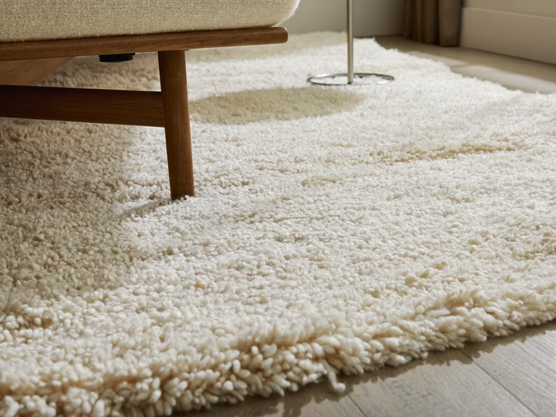 Cremefarbener Hochflor-Wollteppich in einem ruhigen Wohnzimmer (Illustration)